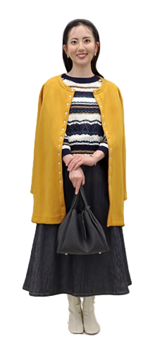 大人のデニムスカートＥＫ / マルチボーダーセーターＥＬ / 使えるロングドットカーデＢＫ / レザー調バッグ３点セットＢＫ