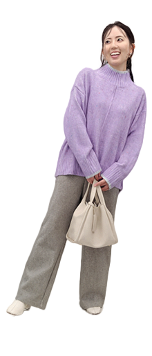 ツイード調ワイドパンツＢＬ / カラーネップセーターＢＭ / レザー調バッグ３点セットＢＫ