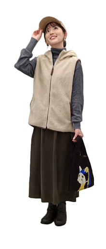 おなかを包むニットスカートＢＫ / らくかるやわらか牛革ブーツＮＫ / カシミヤブレンドセーターＢＭ / フード付ボアベストＢＭ