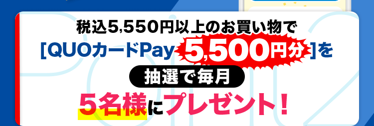 税込5,550円以上のお買い物で[QUOカードPay 5,500円分]を抽選で毎月5名様にプレゼント!